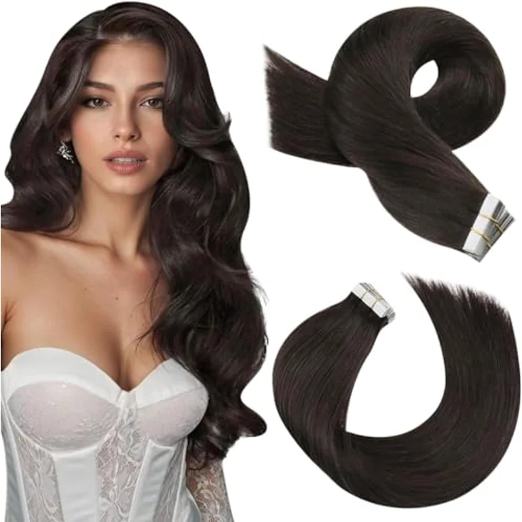 Moresoo Invisible Tape Extensions Echthaar 45 cm, Dunkelbraun, 20 Stück/50g, für dünnes Haar, leicht und komfortabel – Bild 1