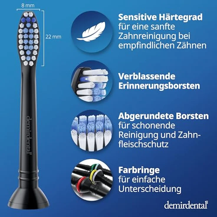 demirdental 8er Sensitive Aufsätze passend für Philips Sonicare, Weiche Bürstenköpfe für sensible Zähne, Schwarz, entspricht HX6058b – Bild 5