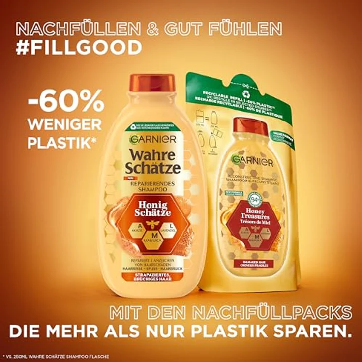 GARNIER Reparierendes Shampoo Honig Schätze, Nachfüllpack für geschädigtes Haar mit Akazienhonig und Bienenwachs, 400 ml – Bild 3
