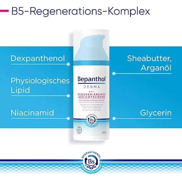 Bepanthol Derma regenerierende Gesichtscreme, 50 ml, 24-Stunden-Pflege für alle Hauttypen, schnell einziehend – Bild 6