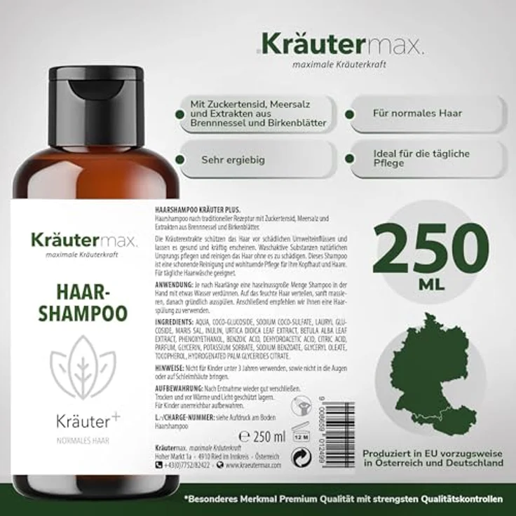 Kräutermax Kräuter Haar Shampoo 1 x 250 ml, mit natürlichen Kräuterextrakten - Brennnessel und Birkenblätter, ohne schädliche Inhaltsstoffe, für gesundes und kräftiges Haar – Bild 4
