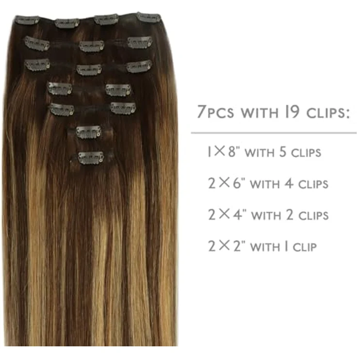 WENNALIFE Clip in Extensions Echthaar 45cm 120g 7pcs Balayage Schokoladenbraun bis Karamellblond Remy Hair Extensions – Bild 2
