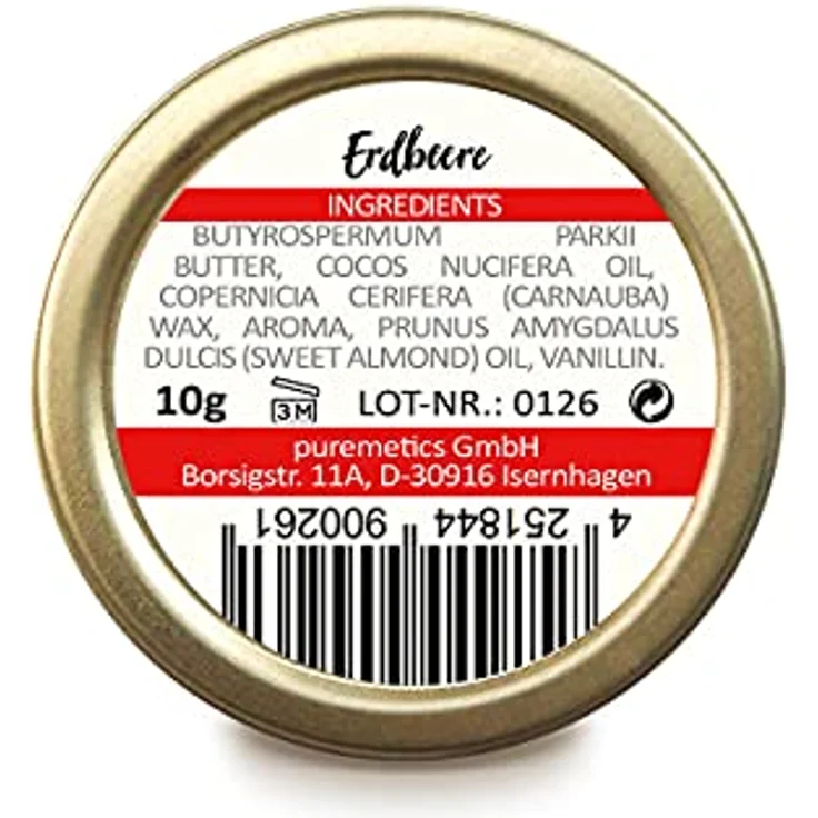 puremetics Lippenpflege Lip Balm Erdbeere, veganer Lippenbalsam zur Reparatur trockener Lippen, 10 ml – Bild 2