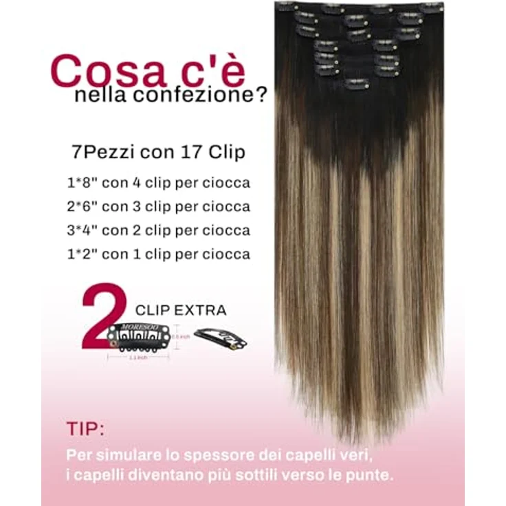 Moresoo Clip in Extensions Echthaar 60 cm, Schwarz Balayage (#1B/3/27), 120g, 7pcs Clips für Langes Haar, Glatt und Seidig – Bild 3