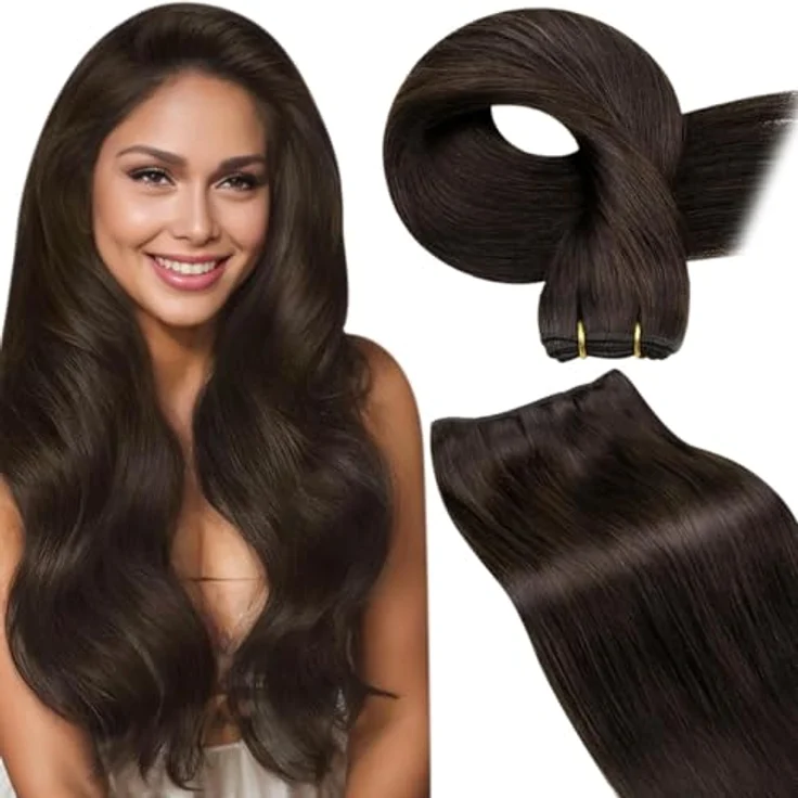 LaaVoo Echthaar Tressen Extensions Dunkelbraun, Remy Haarverlängerung zum Einnähen, 35cm, 80g, glatt – Bild 1