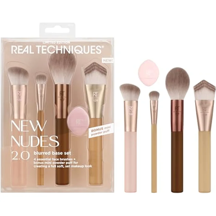 Real Techniques New Nudes Blurred Base Kit, Make-up Pinselset mit 5 hochwertigen Pinseln und veganem Schwämmchen – Bild 2