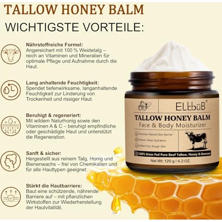 P-Beauty Cosmetic Accessories Tallow Honey Balm, 120g, Feuchtigkeitscreme für Gesicht und Körper, 100% natürliche Inhaltsstoffe, täglich einsetzbar – Bild 2