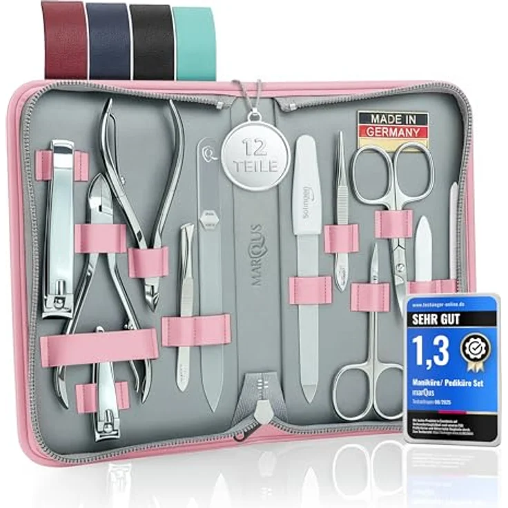 marQus Solingen Maniküre Pediküre Set 12 Teile im Echt Leder Etui, Komplett Kit für Hand- und Fußpflege, Nagelset Rosa, Made in Germany – Bild 1