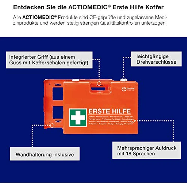ACTIOMEDIC Mobiler und stationärer Erste-Hilfe-Kasten mit Wandhalterung zur Aufbewahrung, DOMINO DIN 13157:2021 I Hypoallergene Pflaster, mehrsprachig, Visuelle Hilfsmittel, orange, 28 x 12 x 20 cm – Bild 5