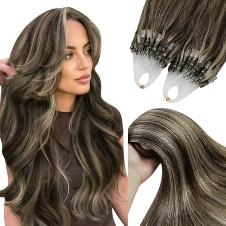 YoungSee Microring Extensions Dunkelbraun, 55 cm Echthaar Extensions mit Mikroring, Kaltfusion für natürlichen Look und individuellen Farbakzenten, 50g P4/27 – Bild 1