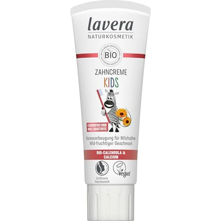 lavera Zahncreme Kids FLUORIDFREI - ohne Farbstoffe - schützt Milchzähne - mild-fruchtig - Bio Calendula & Calcium - Vegan - 75 ml