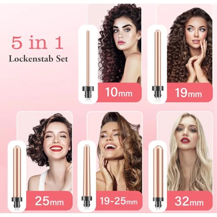 BESTOPE MIX Lockenstab 5 in 1, Keramik Lockenstab Set mit 9-32mm Aufsätzen, schnellaufheizend, 2 Temperatureinstellungen, Autoabschaltung, Schwarz – Bild 2