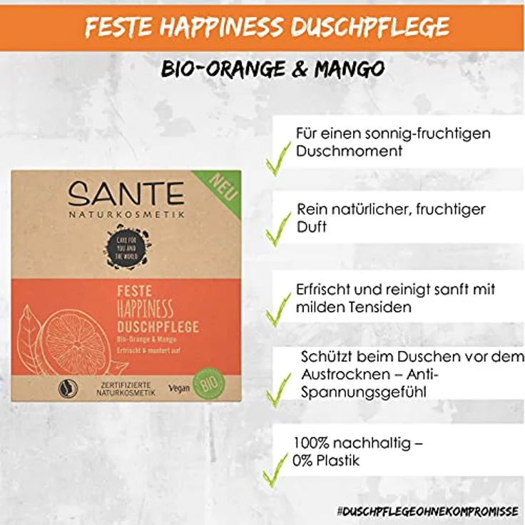 Sante Naturkosmetik Feste Seife zum Duschen für zarte Haut, Vegane Formel mit Bio-Orange und Mango, Feste Happiness Duschpflege, 80 g – Bild 3