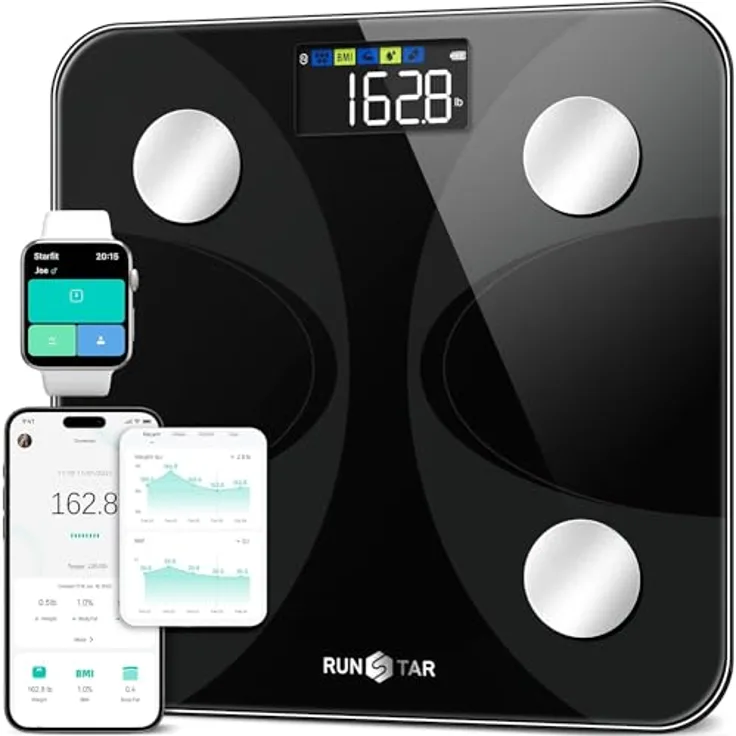 RunSTAR Körperfettwaage, Digitale Personenwaage mit großem LCD-Display, Analysator für 13 Körperwerte, App-Synchronisierung, bis zu 24 Benutzerprofile, weiß