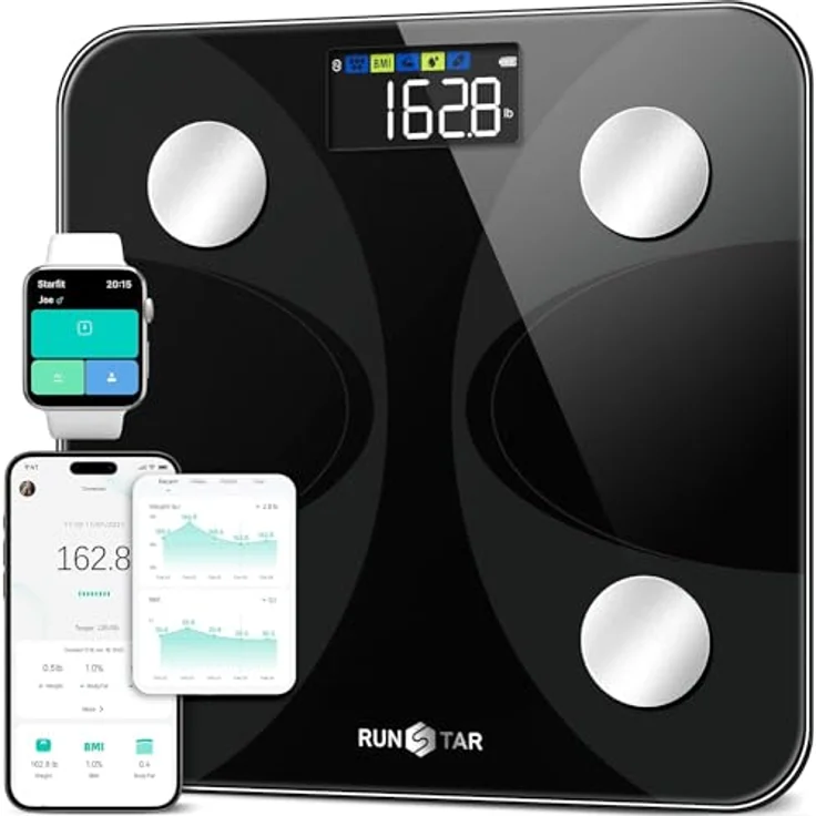 RunSTAR Körperfettwaage, Digitale Personenwaage mit großem LCD-Display, Analysator für 13 Körperwerte, App-Synchronisierung, bis zu 24 Benutzerprofile, weiß – Bild 1
