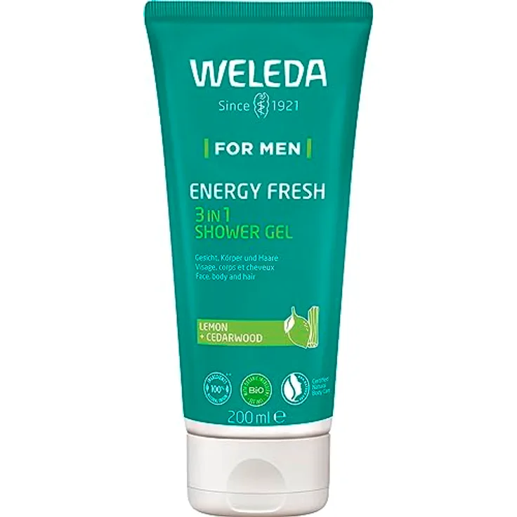 WELEDA Bio For Men 3in1 Duschgel & Shampoo Energy Fresh - Naturkosmetik Männer Duschseife & Haarpflege mit Zitrone & Zedernholz Duft, 200ml