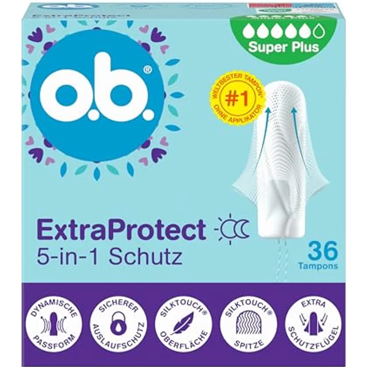 o.b. ExtraProtect 5-in-1 Schutz Tampons, 36 Stk, mit Dynamic Fit Technologie und extra Schutzflügeln, dermatologisch