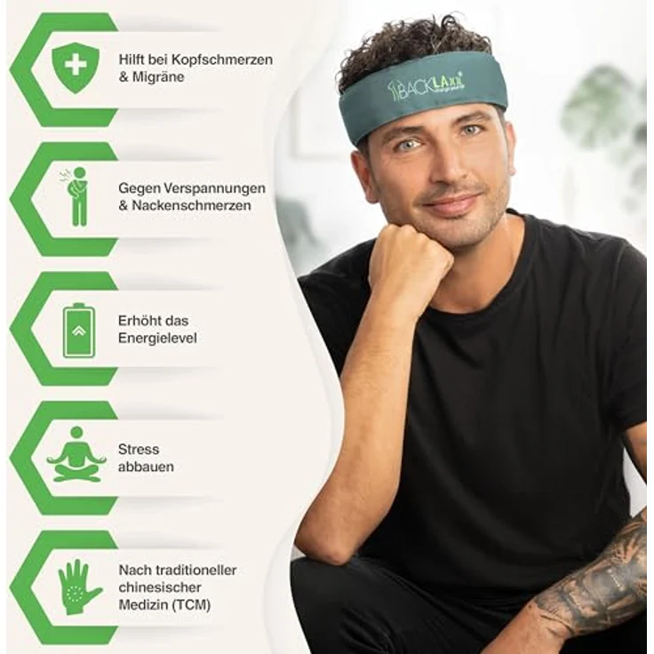 BACKLAxx® Massagegerät BACKLAxx® Akupressur Stirnband mit Intensitätsregulierung, schmutzabweisend und antibakteriell, für Kopfumfang 51-58 cm, Halbleinen, atmungsaktiv – Bild 2