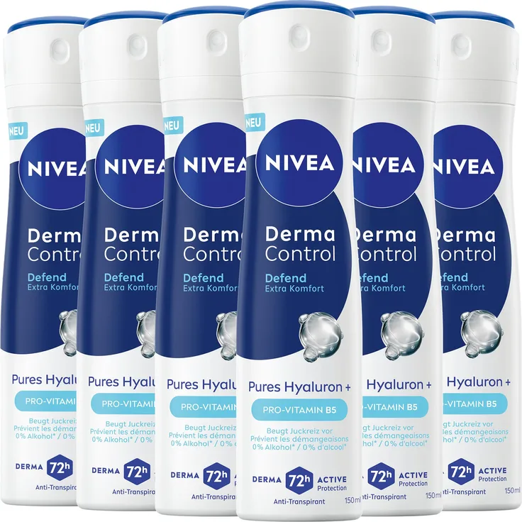 NIVEA Derma Control Defend Deospray, 6 x 150ml, für empfindliche Haut mit Hyaluron und Pro-Vitamin B5, 72 Stunden Schutz