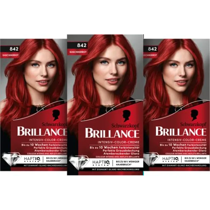 Brillance Intensiv-Color-Creme 842 Kaschmirrot Stufe 3 (3 x 160 ml), dauerhafte Haarfarbe mit Diamant-Glanz-Effekt & Pflege-Conditioner, 10 Wochen Farbintensität