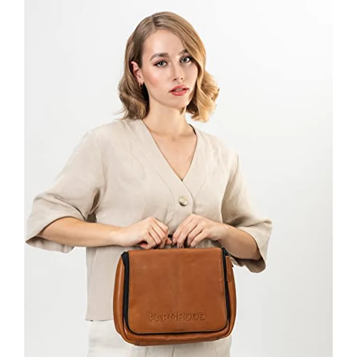 FARMHOOD Memphis Damen/Herren großer Leder Kulturbeutel | viele Fächer mit Reißverschluss | Kosmetiktasche 27 cm – Bild 2
