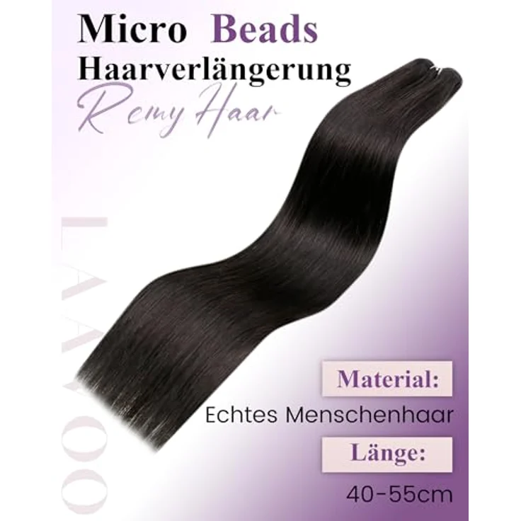 LaaVoo Micro Tressen Extensions Echthaar #1b, 40cm, 50g, Easy Fit EZE Weft Haarverlängerung mit Remy Echthaar und Mikroperlen – Bild 4