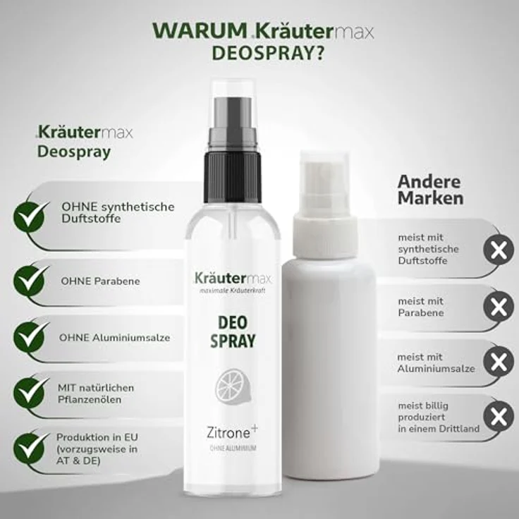 Kräutermax Zitronen Deo ohne Aluminium im praktischen Sprüher - fruchtiger Lemon Damen-Duft für frische & Wohlbefinden den ganzen Tag über - Deo Spray aus Zitronen Öl & Salbei | 100ml – Bild 3