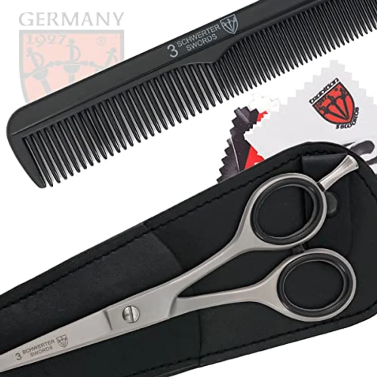 DREI SCHWERTER - Haarschere 6 Zoll, rostfrei mit einseitig mikroverzahnten Klingen, im schwarzen Kunstleder-Etui mit Kamm und Mikrofasertuch – Bild 4