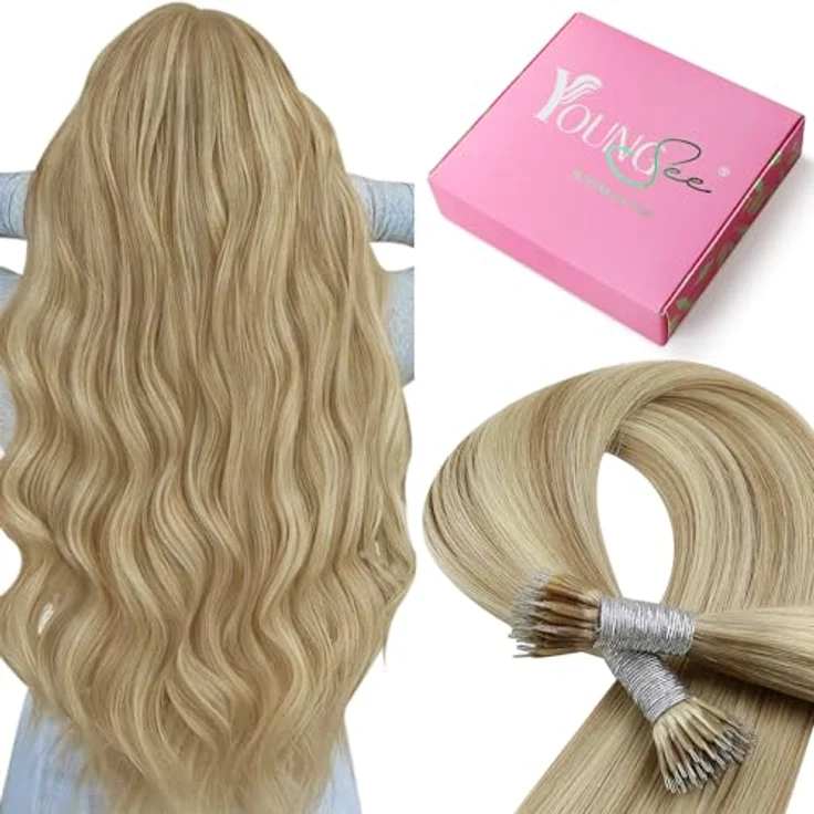 YoungSee Nano Extensions Echthaar, Bonding Extensions mit Aschblond und Platinblond Strähnen, 50 Strähnen/50g, langlebige Haarverlängerung für feines Haar – Bild 1
