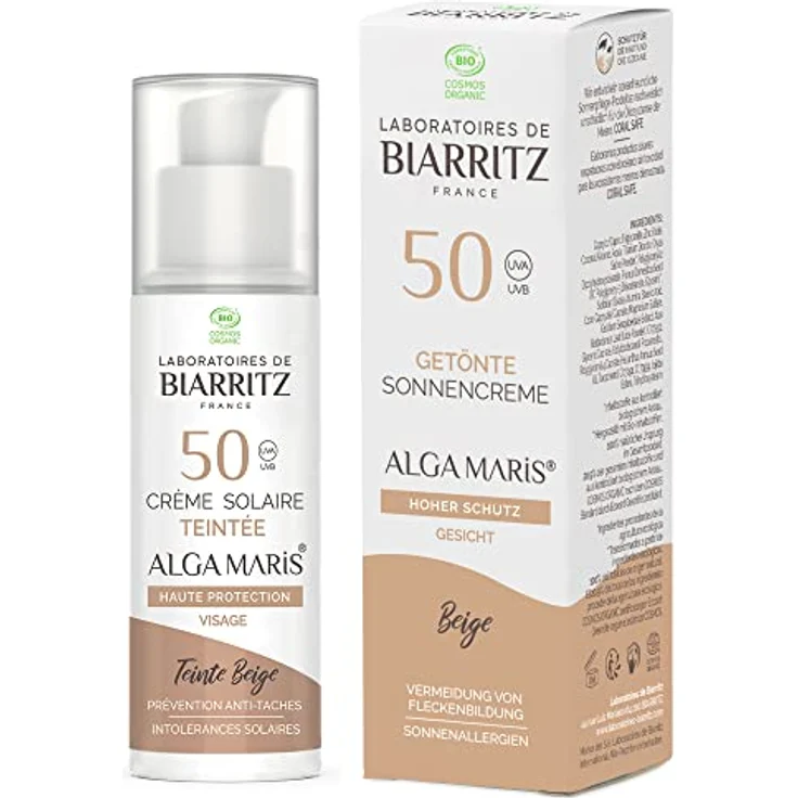 Laboratoires de Biarritz - Getönte Sonnencreme Gesicht - Beige - LSF50 ALGA MARIS® Bio-zertifiziert - Hydriert, mattiert, sorgt für ein gesundes Strahlen - 50 ml - Made in France – Bild 1