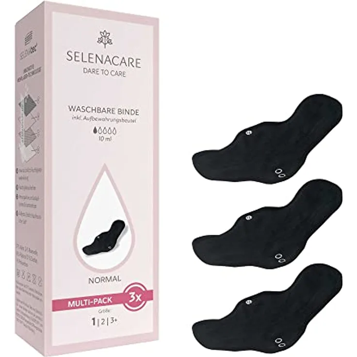 SELENACARE waschbare Binde, 3er Pack Größe 1 mit Aufbewahrungsbeutel – antibakteriell, geruchshemmend, nachhaltig, 100% vegan