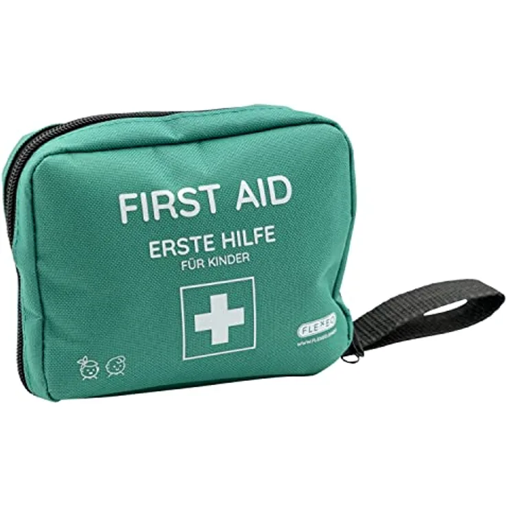 FLEXEO Erste-Hilfe-Set für Kinder, 47-teilig mit süßen Pflastermotiven, Fingerpuppe und Stickern, kompakt für unterwegs