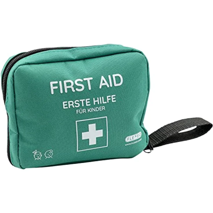 FLEXEO Erste-Hilfe-Set für Kinder, 47-teilig mit süßen Pflastermotiven, Fingerpuppe und Stickern, kompakt für unterwegs – Bild 1