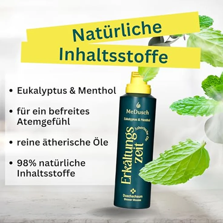 MeDusch Duschschaum Erkältungszeit mit wohltuendem Ätherischem Eukalyptusöl Menthol sowie pflegenden pflanzlichen Ölen 4er-Set je 150 ml – Bild 4