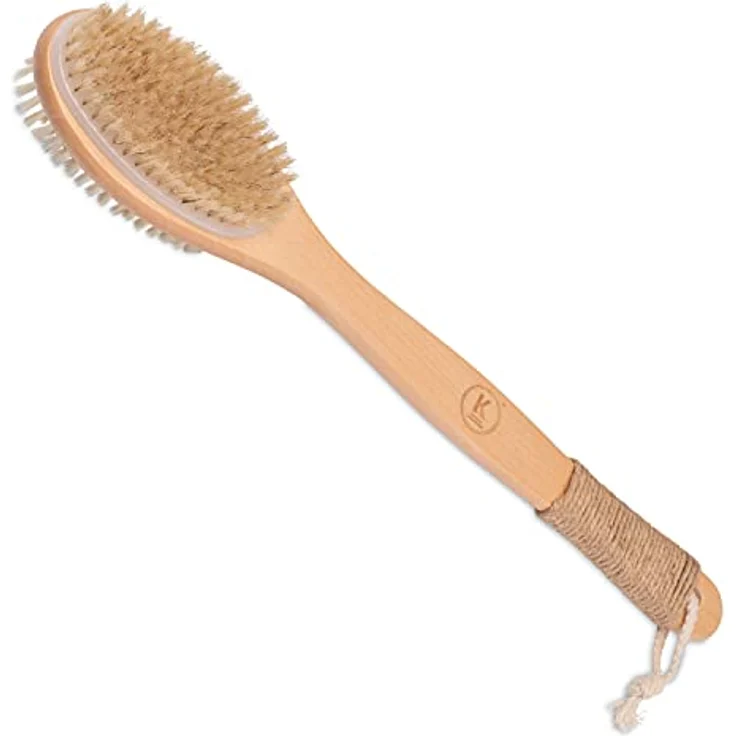 K-Pro Rückenbürste mit langem Stiel, doppelseitige Peelingbürste aus Naturborsten & Kirschholz, harten & weichen Borsten für Dusche und Bad, für Damen & Herren – Bild 1