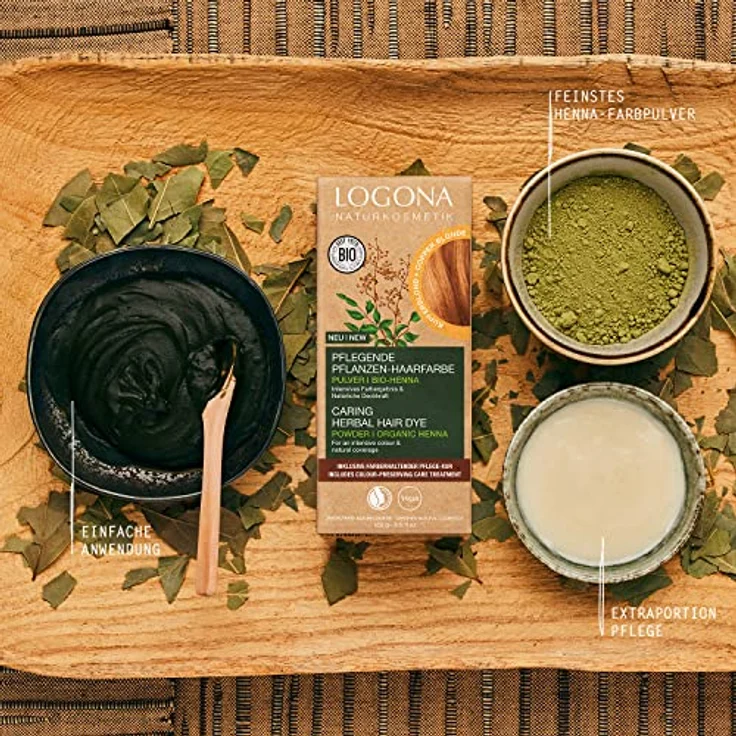LOGONA Naturkosmetik Pflegende pflanzliche Haarfarbe, Veganes Haarfarbe-Pulver mit Bio-Henna für intensive Farbe und Glanz, Pflanzenhaarfarbe in Kupferblond (Blond), 1 x 100g – Bild 2