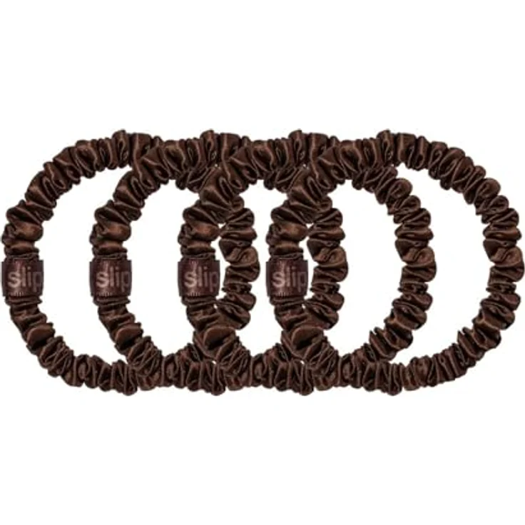 Slip Silk Skinny Scrunchies - vierteiliges Zopfgummi Set aus Seide - haarschonende Haargummis gegen Haarbruch - aus 100% Maulbeerseide - 1 x 4 Stück - Dunkelbraun – Bild 1