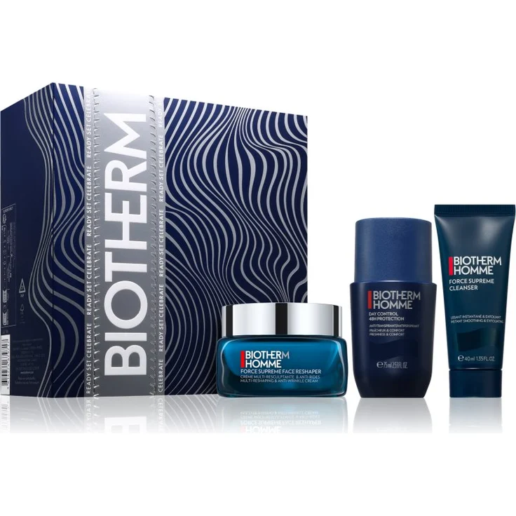 Biotherm Homme Force Supreme Face Reshaper Cream Geschenkset, Remodellierende Tagescreme mit Tiefenwirkung, 50 ml, inkl. Deoroller und Reinigungsgel
