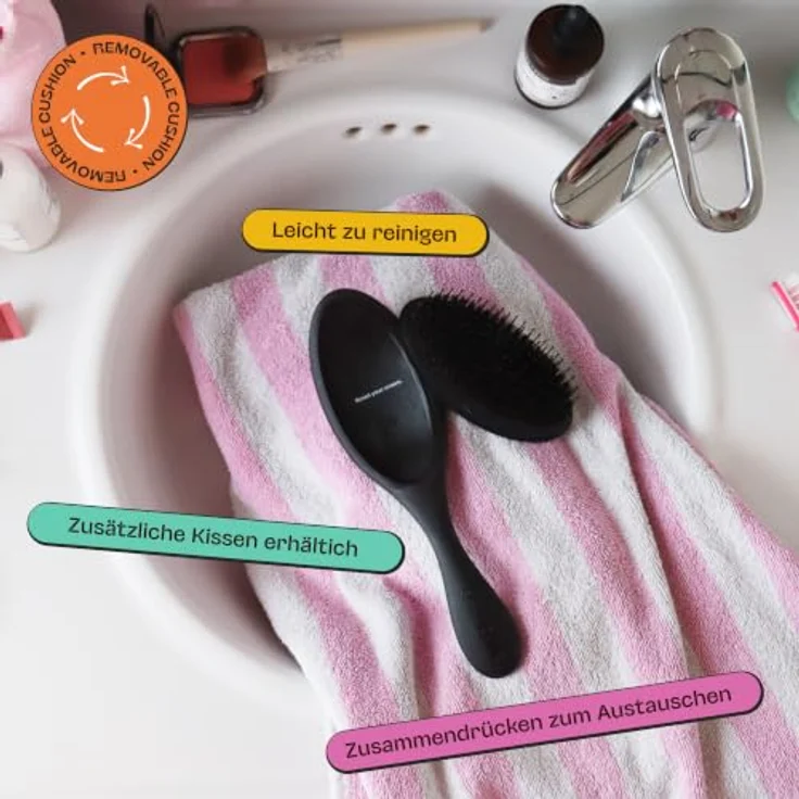 Olivia Garden Club THE RESET CUSHION Detangling & Shine Hairbrush, schwarze Detangler-Bürste mit Natur- und Nylonborsten, abnehmbares Kissen für einfache Reinigung, 100 % recycelter Kunststoff – Bild 4