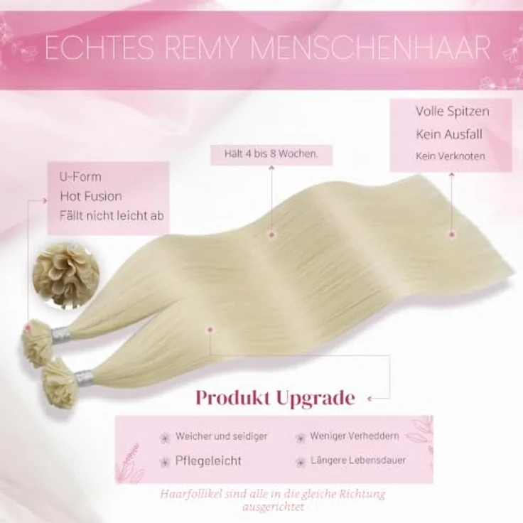 Moresoo Keratin Bonding Extensions Echthaar, Nahtlos, Platinblond, 60 cm, 50 g – Bild 2