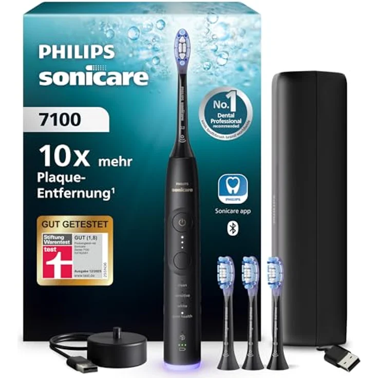 Philips Sonicare 7100 HX7421/08, elektrische Schallzahnbürste mit App, 4 Putzmodi, 3 Intensitätsstufen, Andruckkontrolle, EasyStart, SmarTimer, schwarz – Bild 1