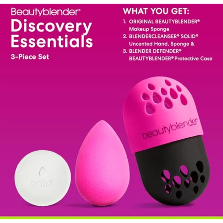 beautyblender Discovery Essentials 3-Piece Set, Make-Up Schwamm mit Blendercleanser Solid und Blender Defender Etui, schwarz/pink – Bild 7