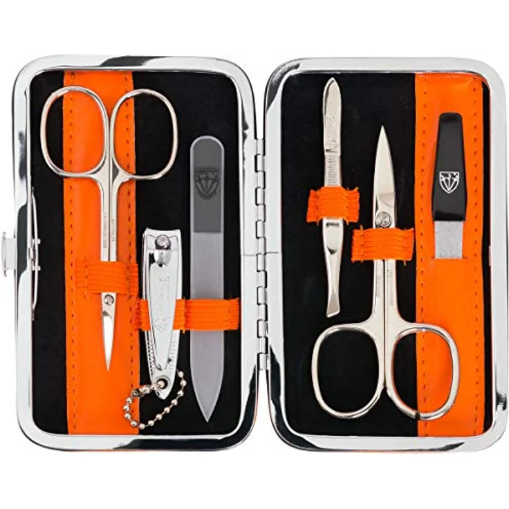 DREI SCHWERTER Maniküreset 'Genova', 6-teiliges Nagelset im orangefarbenen Kunstlederetui, inkl. Nagelschere, Hautschere, Nagelknipser, Glas- und Saphirnagelfeile, Pinzette – Bild 1
