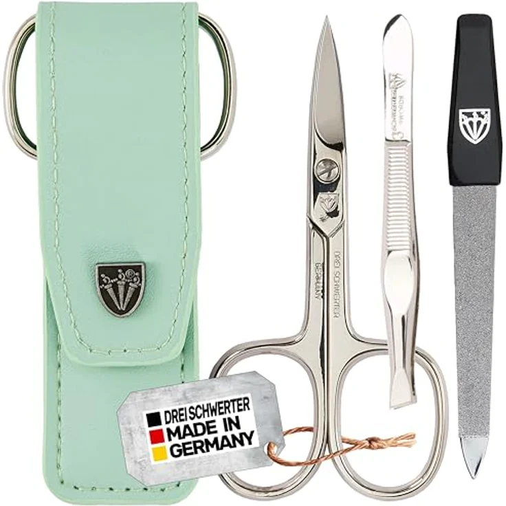 DREI SCHWERTER Nagelpflegeset 'Venezia', 3-tlg. Maniküre und Pediküre Set in mintfarbenem Kunstleder Nageletui, MADE IN GERMANY, enthält Nagelschere, Pinzette, Saphirnagelfeile – Bild 1