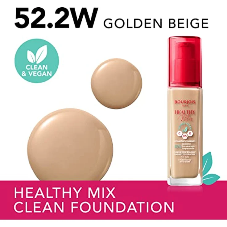 Bourjois Healthy Mix, aufhellendes und feuchtigkeitsspendendes Make-up 24 Std., Farbton 52.2W Golden Beige, 30 ml – Bild 2