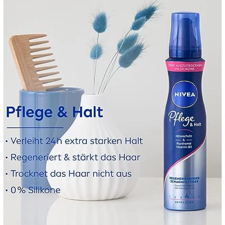 NIVEA Pflege & Halt Schaumfestiger Extra Stark (150 ml), pflegender Haarschaum mit Hitzeschutz, Panthenol & Vitamin B3, Haarfestiger für 24h Halt (Haltestufe 4) – Bild 2