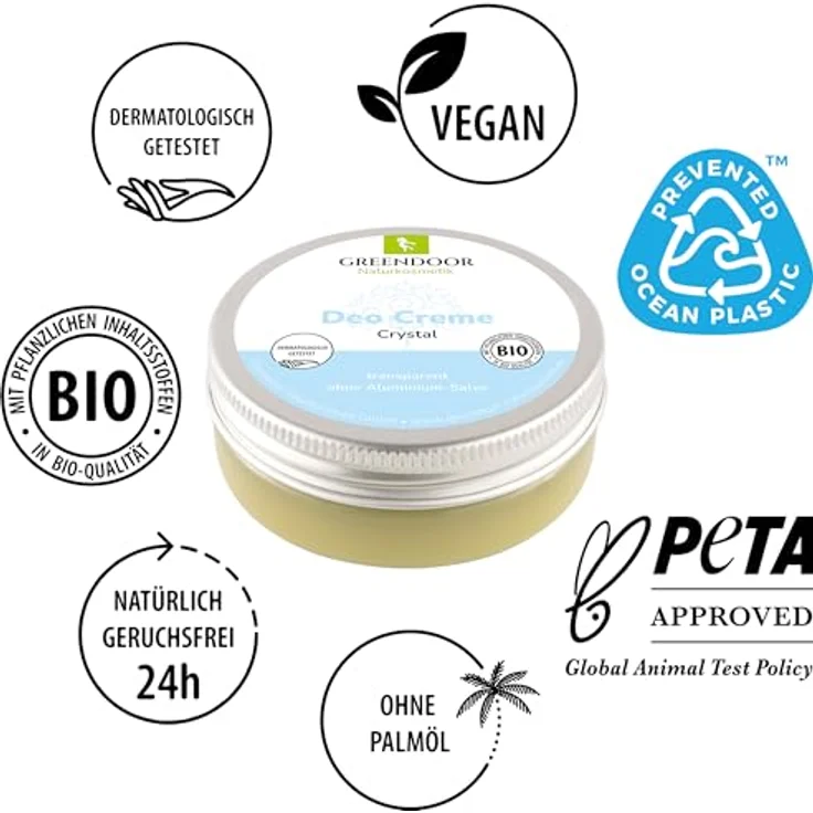 GREENDOOR Deo Creme crystal vegan, null Schweißgeruch – ohne Weißeln, ohne Zink ohne Aluminium ohne Alkohol natürlich ohne Tierversuche, dermatologisch bewährt, Naturkosmetik, sanft, 50 ml – Bild 4