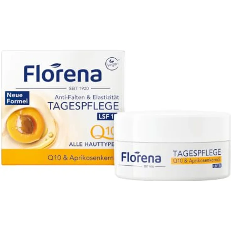 Florena Tagespflege Q10 & Aprikosenkernöl 50 ml, feuchtigkeitsspendende Gesichtscreme mit SPF 15 gegen vorzeitige Hautalterung