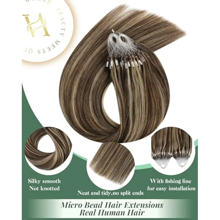 Ugeat Micro Ring Extensions, Echthaar Brown Highlight, 60 cm, 50 Strähnen, hitzebeständig, #P4/27 – Bild 2