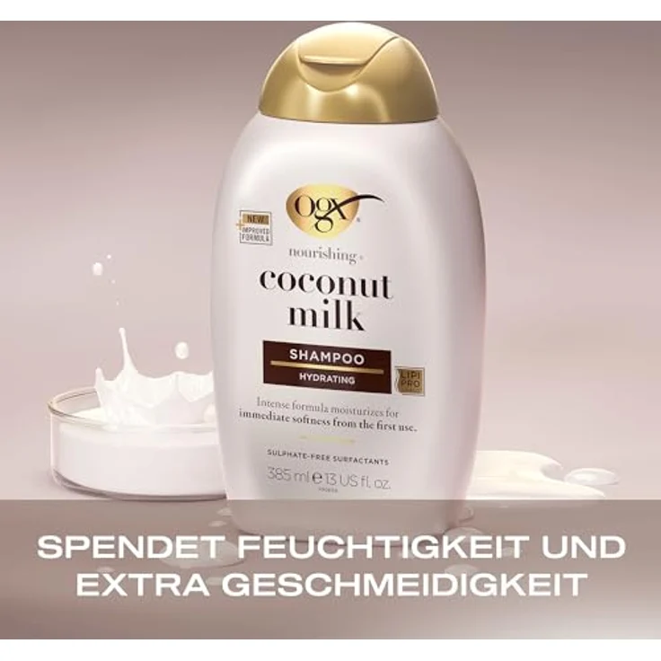 OGX Coconut Milk Shampoo 385 ml, feuchtigkeitsspendendes Haarshampoo mit Rizinusöl und Kokosöl, LipiPro Shield Technologie für geschmeidiges und glänzendes Haar – Bild 2